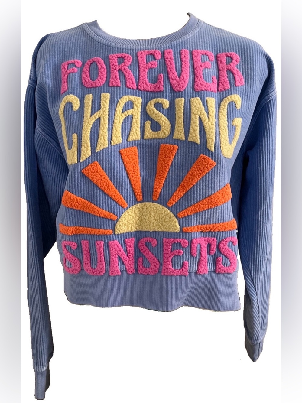 Original U.S. Vintage FOREVER CHASING SUNSETS Chenille Crewneck Sweatshirt Smal